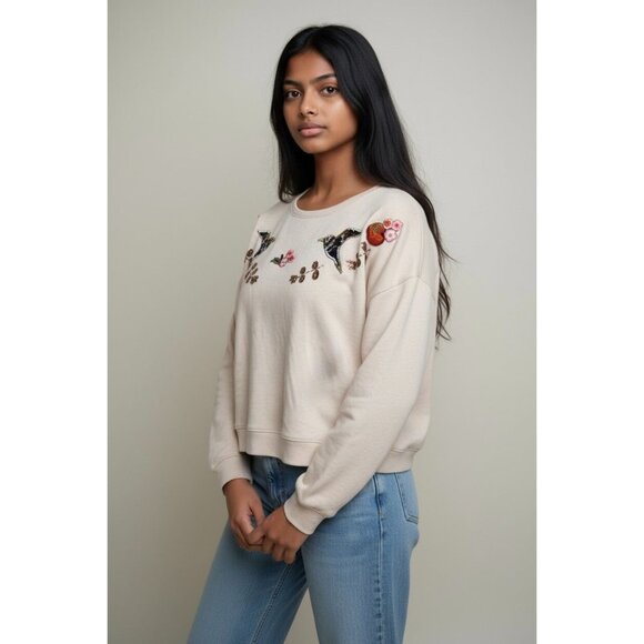 Disney LC Lauren Conrad Embroidered Bird & Floral Pullover Cropped Sweatshirt Sw - Picture 2 of 9